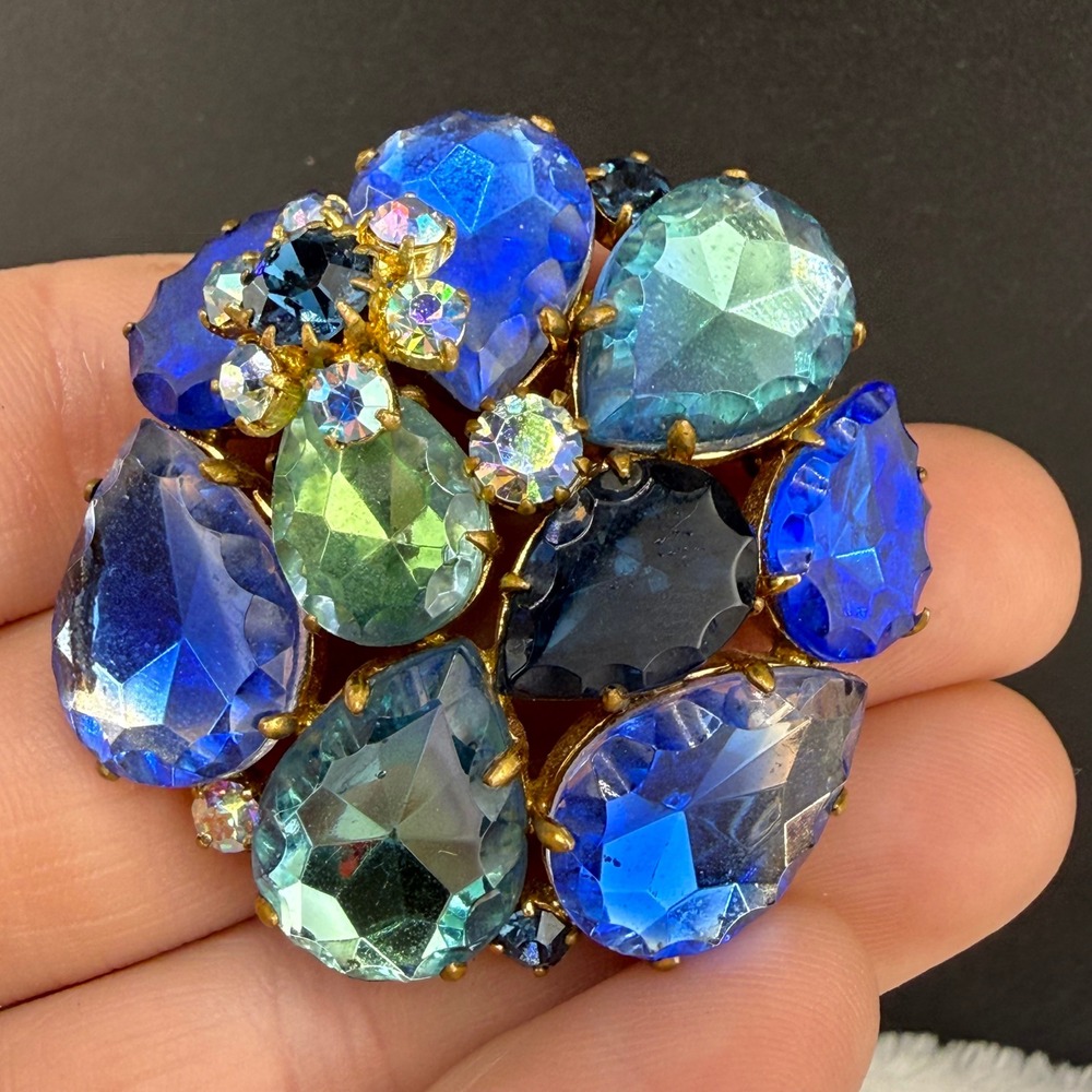 Vintage West Germany Brooch Blue Green Glass Rhinestone